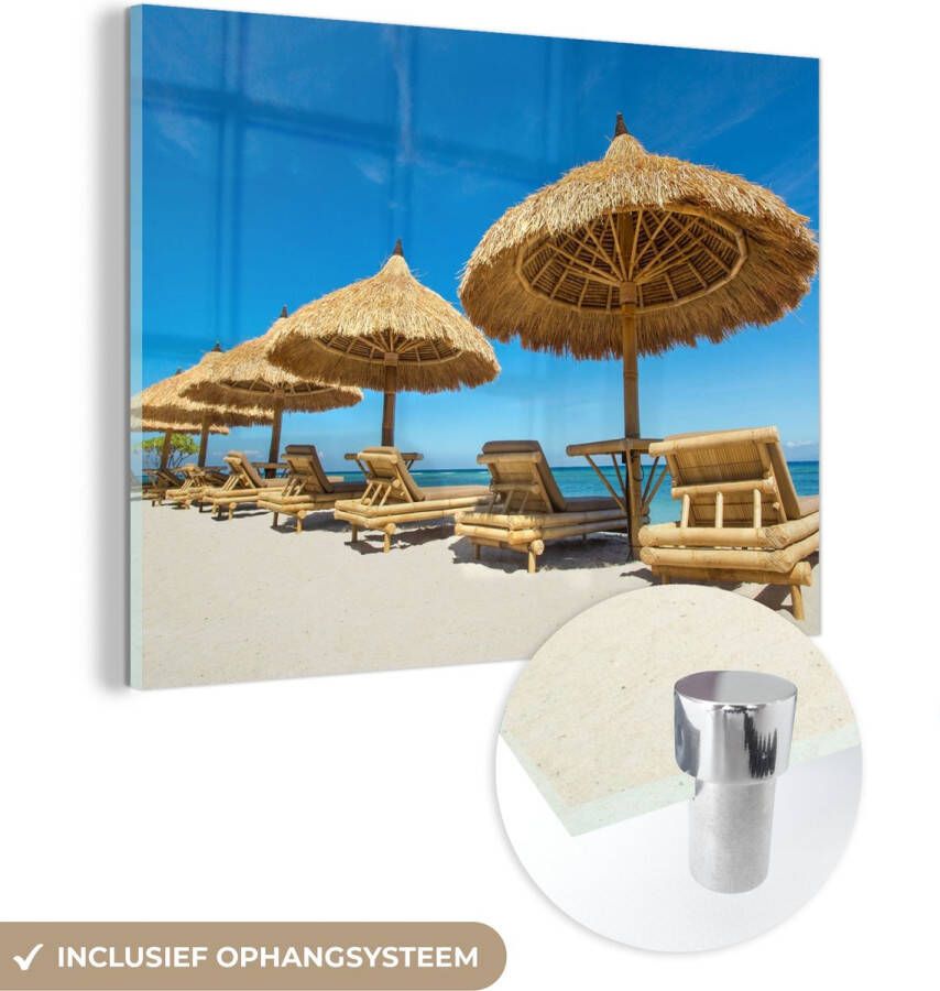 MuchoWow Glasschilderij 160x120 cm Schilderij acrylglas Strandstoel Strand Parasol Zee Zomer Foto op glas Schilderijen