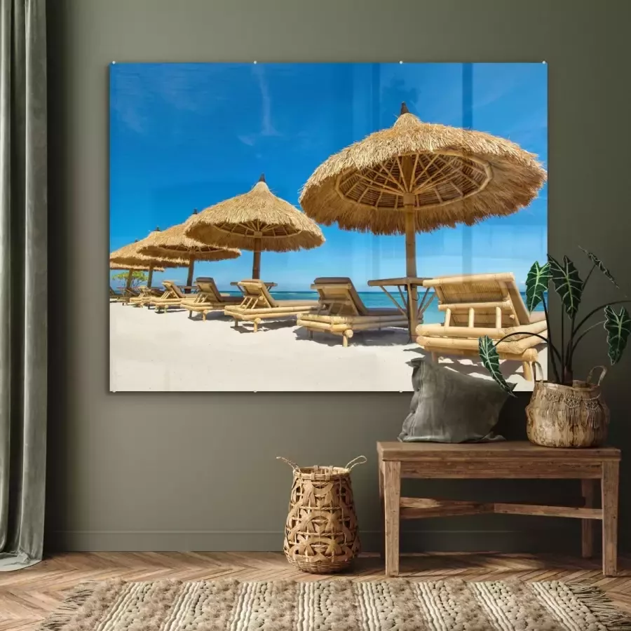 MuchoWow Glasschilderij Strandstoel Strand Parasol Zee Zomer 160x120 cm Acrylglas Schilderijen Foto op Glas