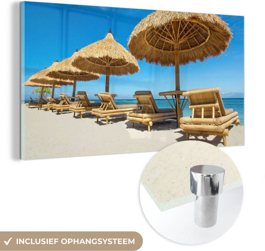 MuchoWow Glasschilderij 160x80 cm Schilderij acrylglas Strandstoel Strand Parasol Zee Zomer Foto op glas Schilderijen