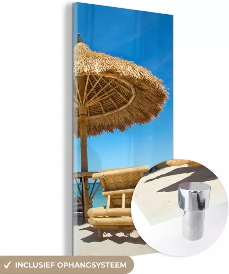 MuchoWow Glasschilderij 40x80 cm Schilderij acrylglas Strandstoel Strand Parasol Zee Zomer Foto op glas Schilderijen - Foto 2