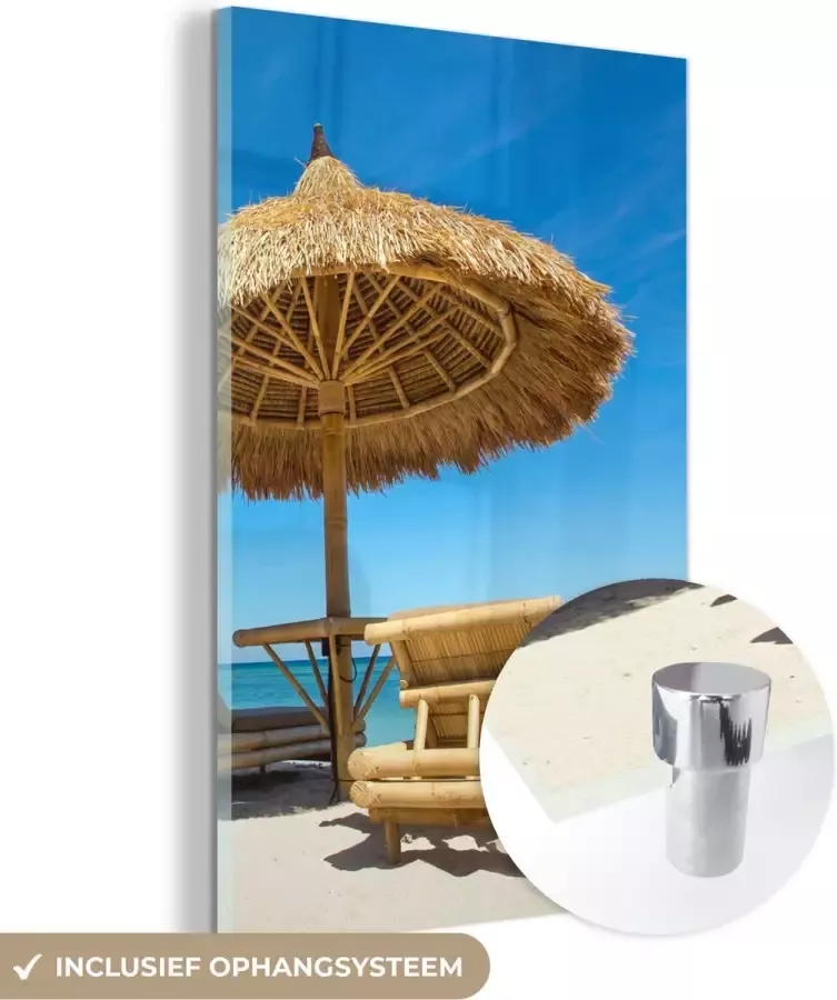 MuchoWow Glasschilderij 80x120 cm Schilderij acrylglas Strandstoel Strand Parasol Zee Zomer Foto op glas Schilderijen - Foto 2