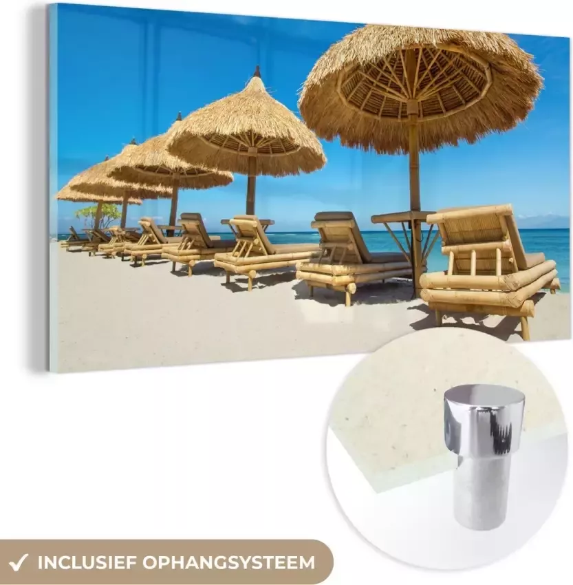 MuchoWow Glasschilderij 80x40 cm Schilderij acrylglas Strandstoel Strand Parasol Zee Zomer Foto op glas Schilderijen - Foto 2