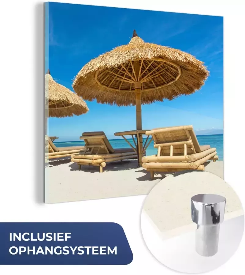 MuchoWow Glasschilderij 90x90 cm Schilderij acrylglas Strandstoel Strand Parasol Zee Zomer Foto op glas Schilderijen - Foto 2