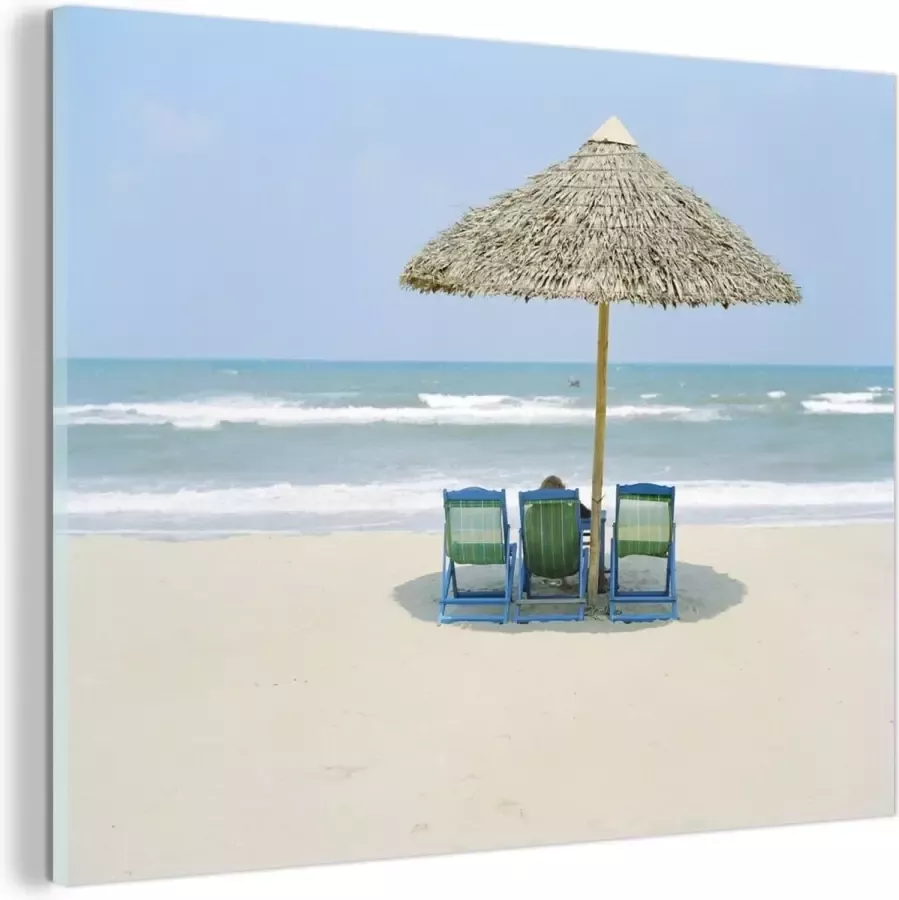 MuchoWow Glasschilderij Strandstoel Zomer Parasol 160x120 cm Acrylglas Schilderijen Foto op Glas