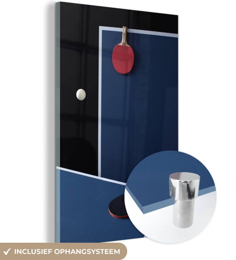 MuchoWow Glasschilderij 100x150 cm Schilderij glas Tafeltennis tafels en een bal in de lucht Foto op acrylglas Schilderijen