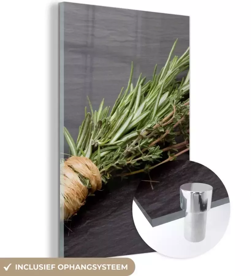 MuchoWow Glasschilderij 120x180 cm Schilderij glas Tijm Kruiden Groen Tafel Keuken Steen Foto op acrylglas Schilderijen