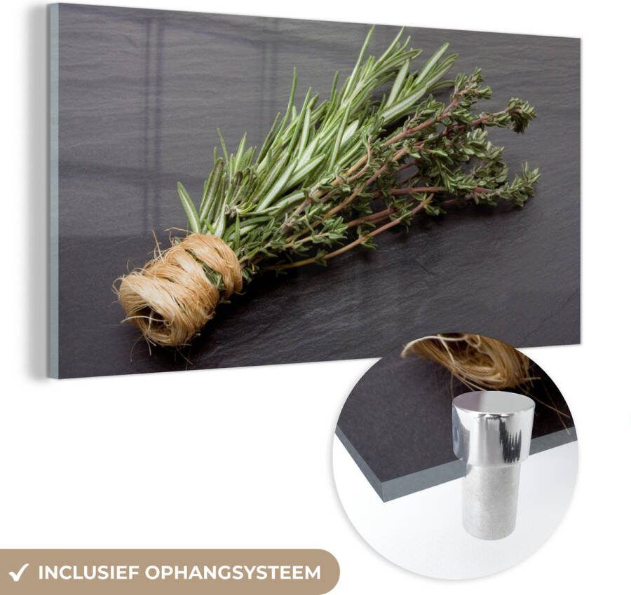 MuchoWow Glasschilderij 120x60 cm Schilderij glas Tijm Kruiden Groen Tafel Keuken Steen Foto op acrylglas Schilderijen