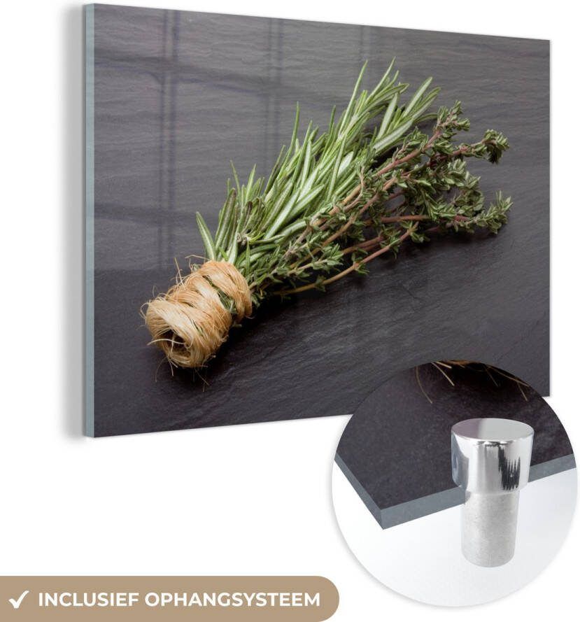 MuchoWow Glasschilderij 90x60 cm Schilderij acrylglas Tijm Kruiden Groen Tafel Keuken Steen Foto op glas Schilderijen