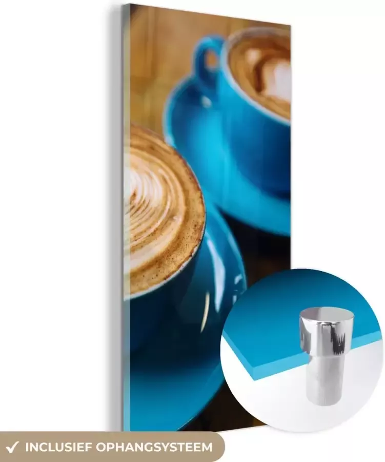 MuchoWow Glasschilderij 60x120 cm Schilderij glas Twee blauwe koppen koffie op een houten tafel Foto op acrylglas Schilderijen - Foto 2