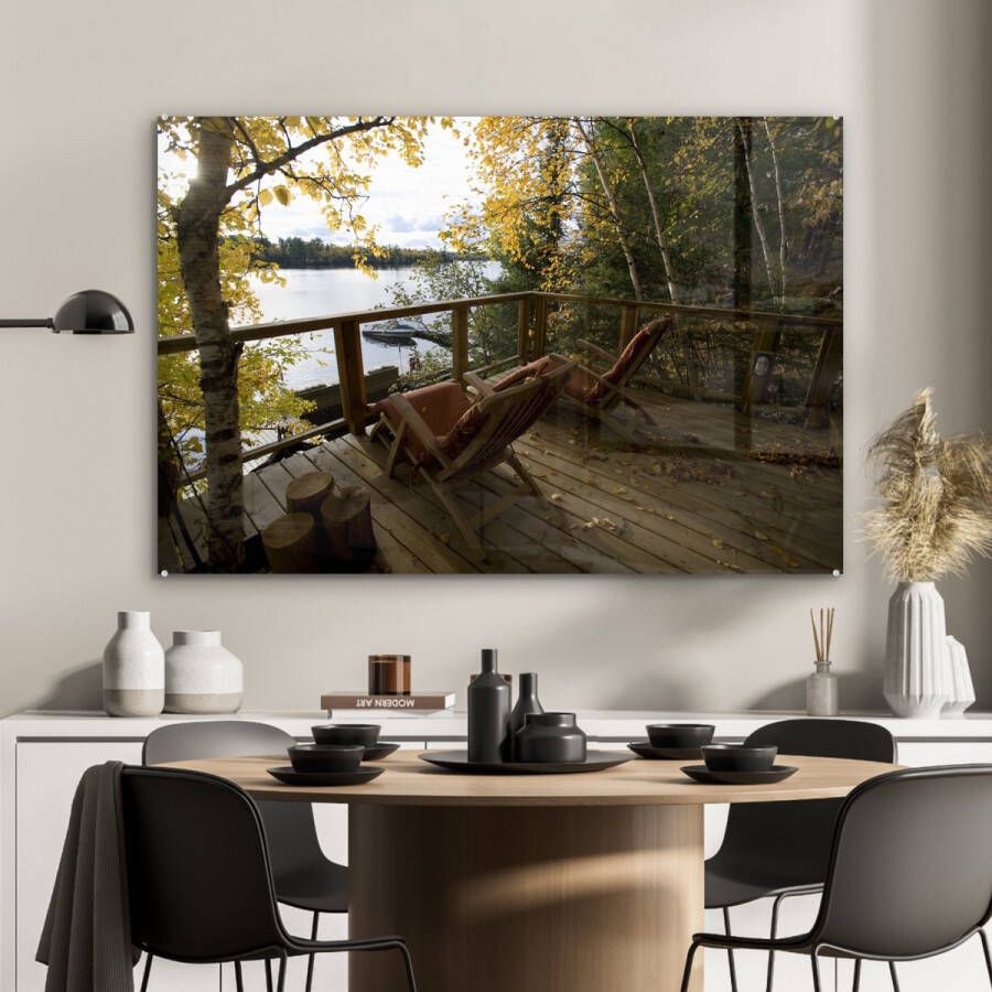 MuchoWow Glasschilderij 120x80 cm Schilderij glas Twee ligbedden op het dek van een cottage Foto op acrylglas Schilderijen