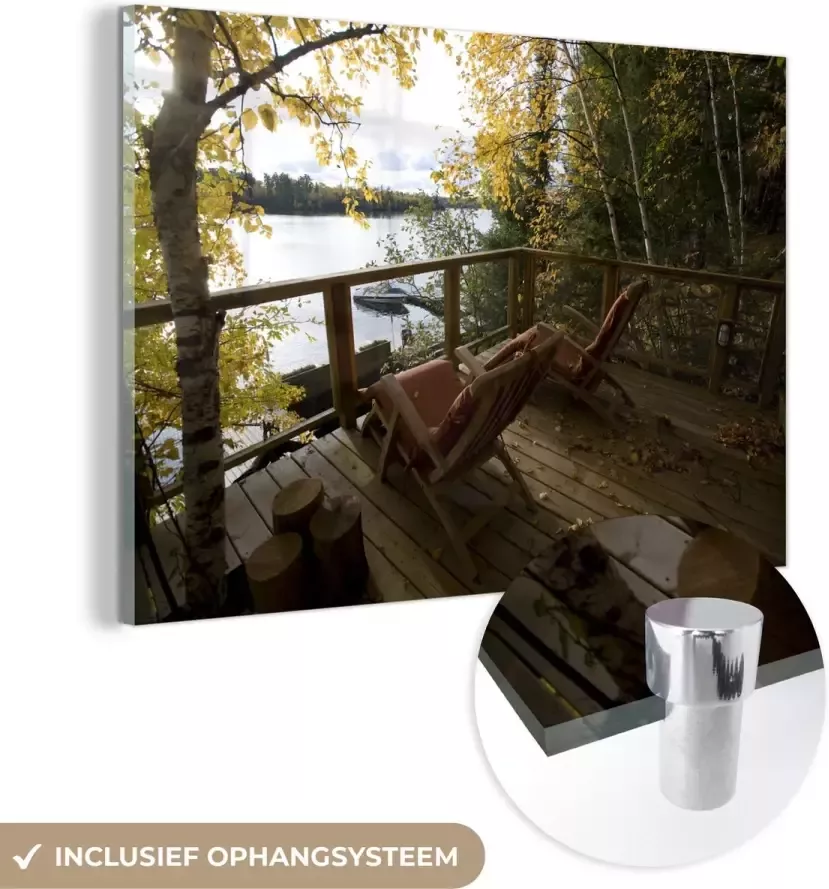 MuchoWow Glasschilderij 180x120 cm Schilderij glas Twee ligbedden op het dek van een cottage Foto op acrylglas Schilderijen