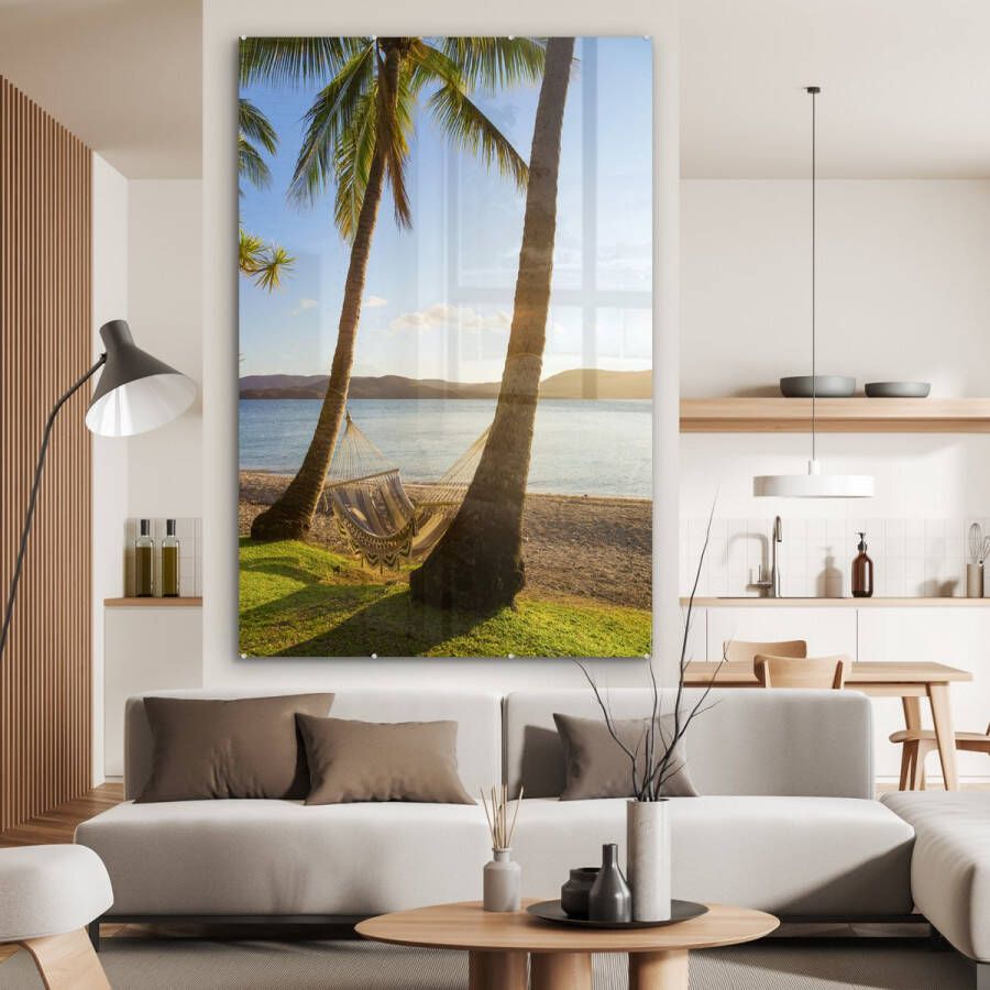 MuchoWow Glasschilderij Twee palmbomen op het strand met een hangmat 100x150 cm Acrylglas Schilderijen Foto op Glas