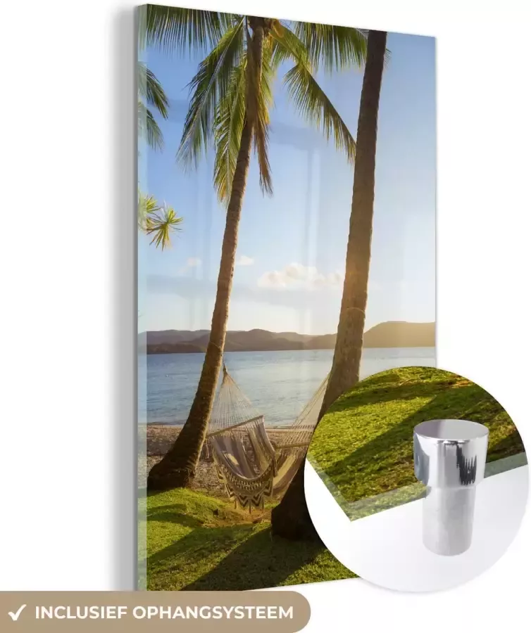 MuchoWow Glasschilderij 40x60 cm Schilderij glas Twee palmbomen op het strand met een hangmat Foto op acrylglas Schilderijen - Foto 2