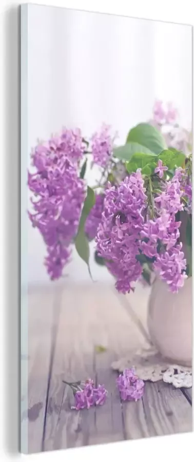 MuchoWow Glasschilderij Vaas met een paarse sering op tafel 80x160 cm Acrylglas Schilderijen Foto op Glas