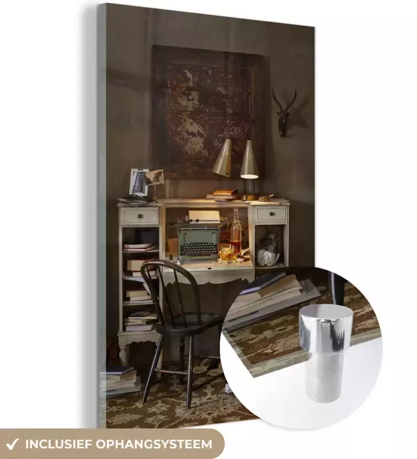 MuchoWow Glasschilderij 80x120 cm Schilderij acrylglas Vintage typemachine op een wit bureau Foto op glas Schilderijen