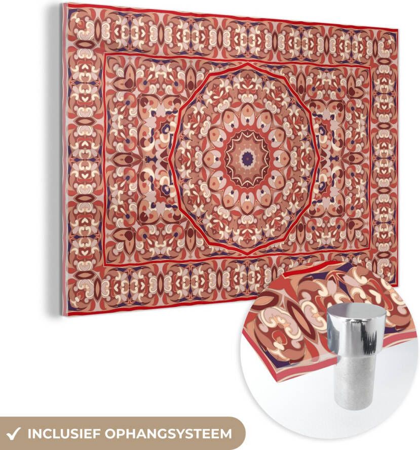 MuchoWow Glasschilderij 180x120 cm Schilderij glas Vloerkleed Mandala Patronen Rood Foto op acrylglas Schilderijen