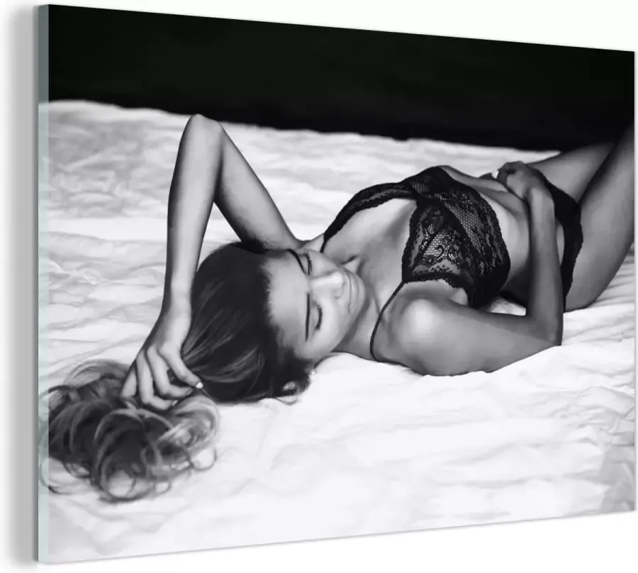 MuchoWow Glasschilderij Vrouw in lingerie in bed 120x80 cm Acrylglas Schilderijen Foto op Glas