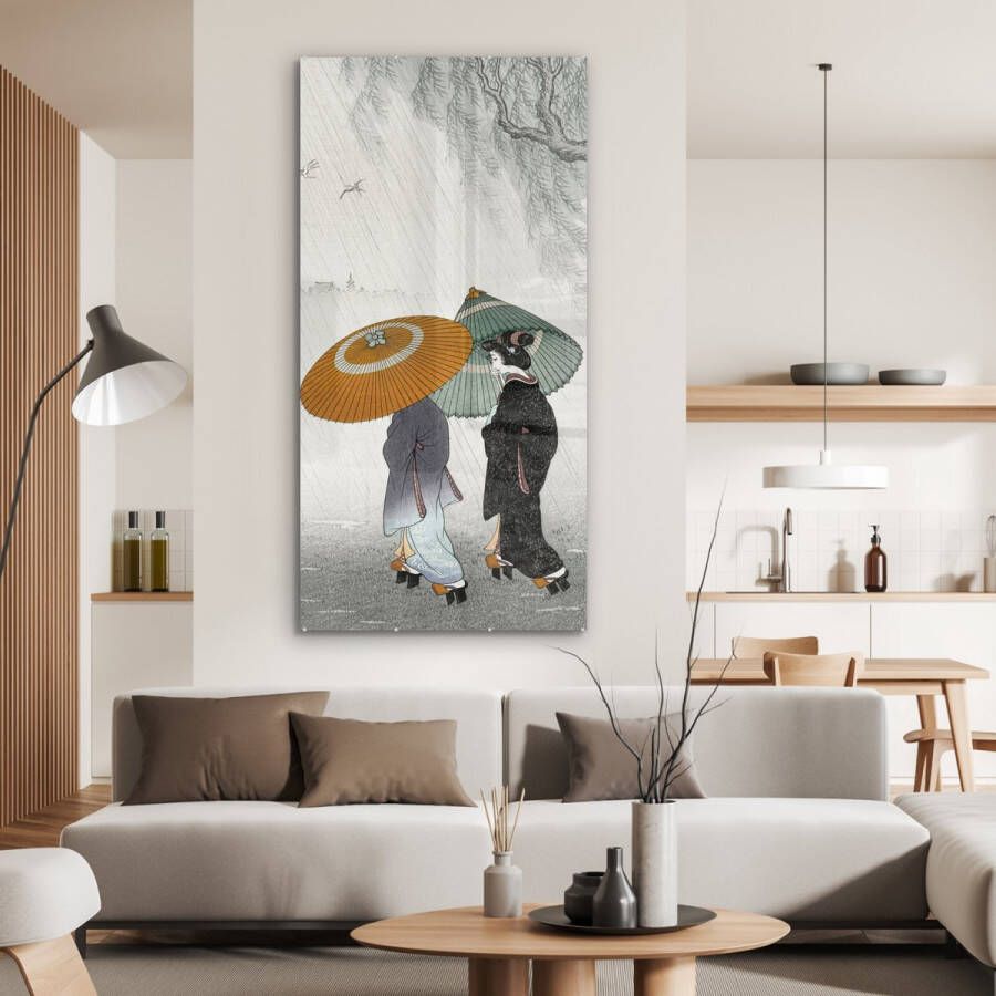 MuchoWow Glasschilderij 80x160 cm Schilderij glas Vrouwen Kimono Parasol Japan Vintage Foto op acrylglas Schilderijen