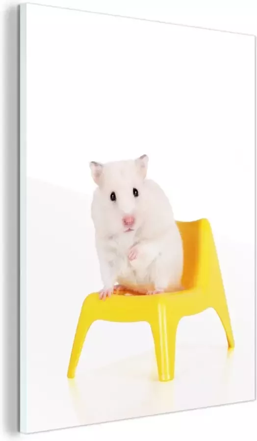 MuchoWow Glasschilderij Witte hamster op een gele stoel 30x40 cm Acrylglas Schilderijen Foto op Glas