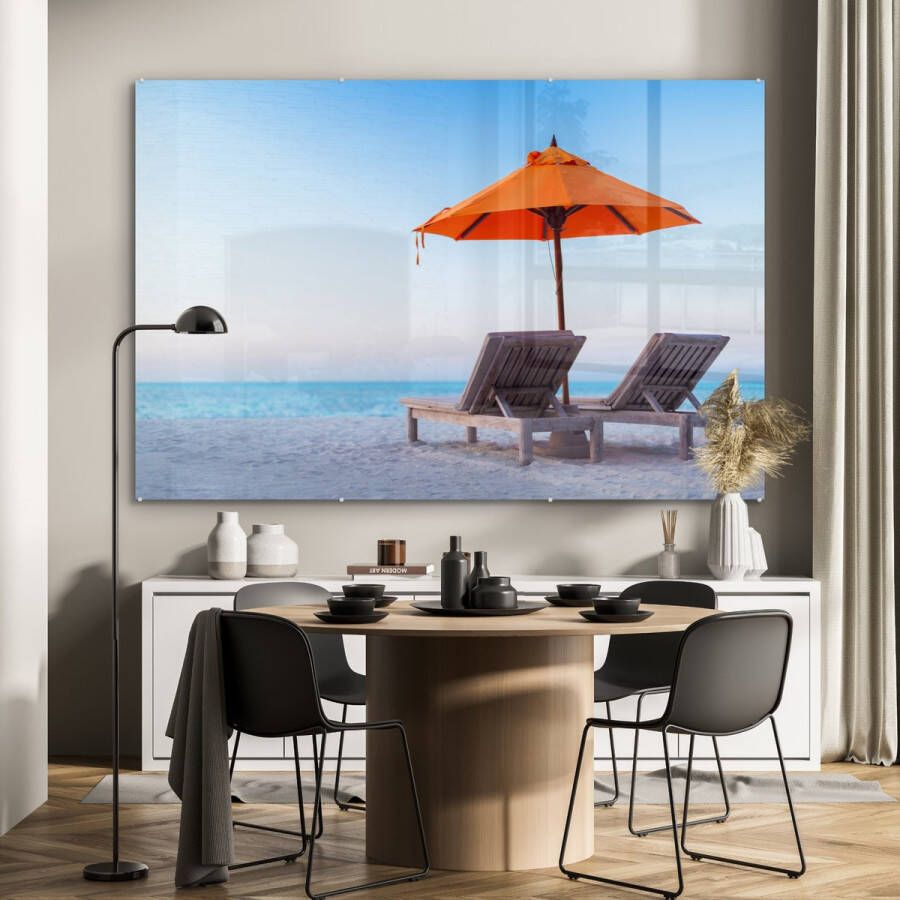 MuchoWow Glasschilderij 180x120 cm Schilderij acrylglas Zee Parasol Oranje Foto op glas Schilderijen - Foto 2