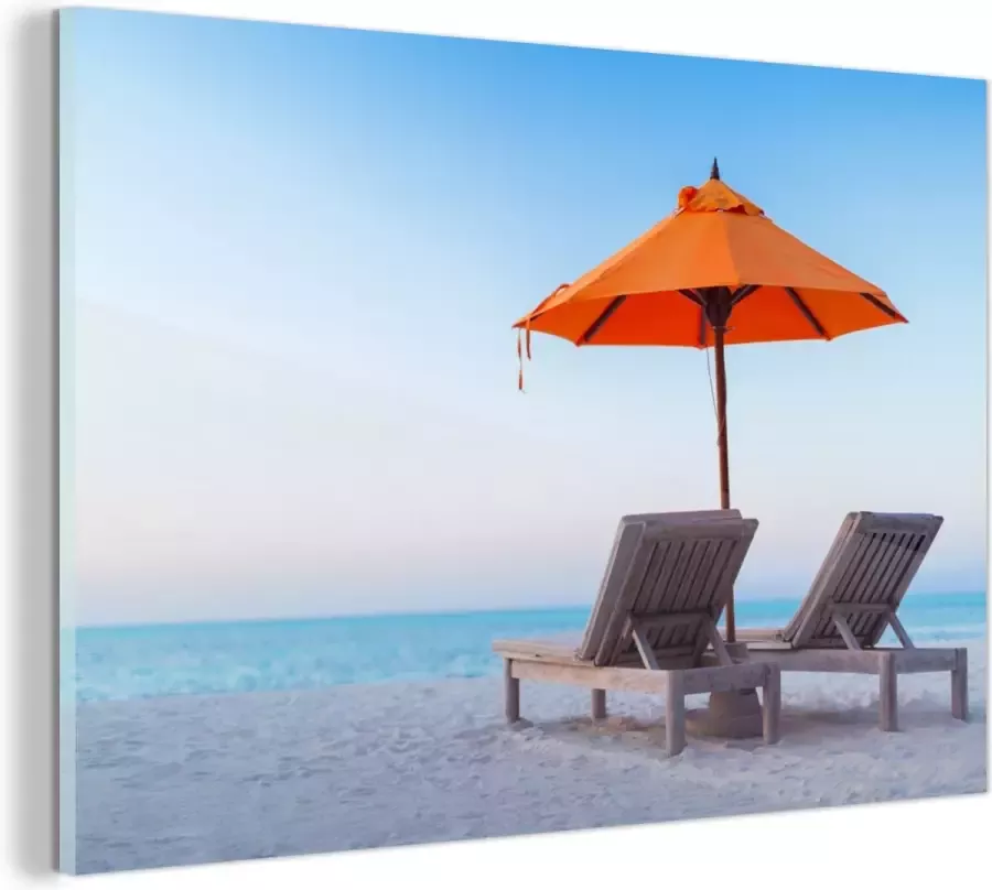 MuchoWow Glasschilderij 30x20 cm Schilderij acrylglas Zee Parasol Oranje Foto op glas Schilderijen - Foto 2