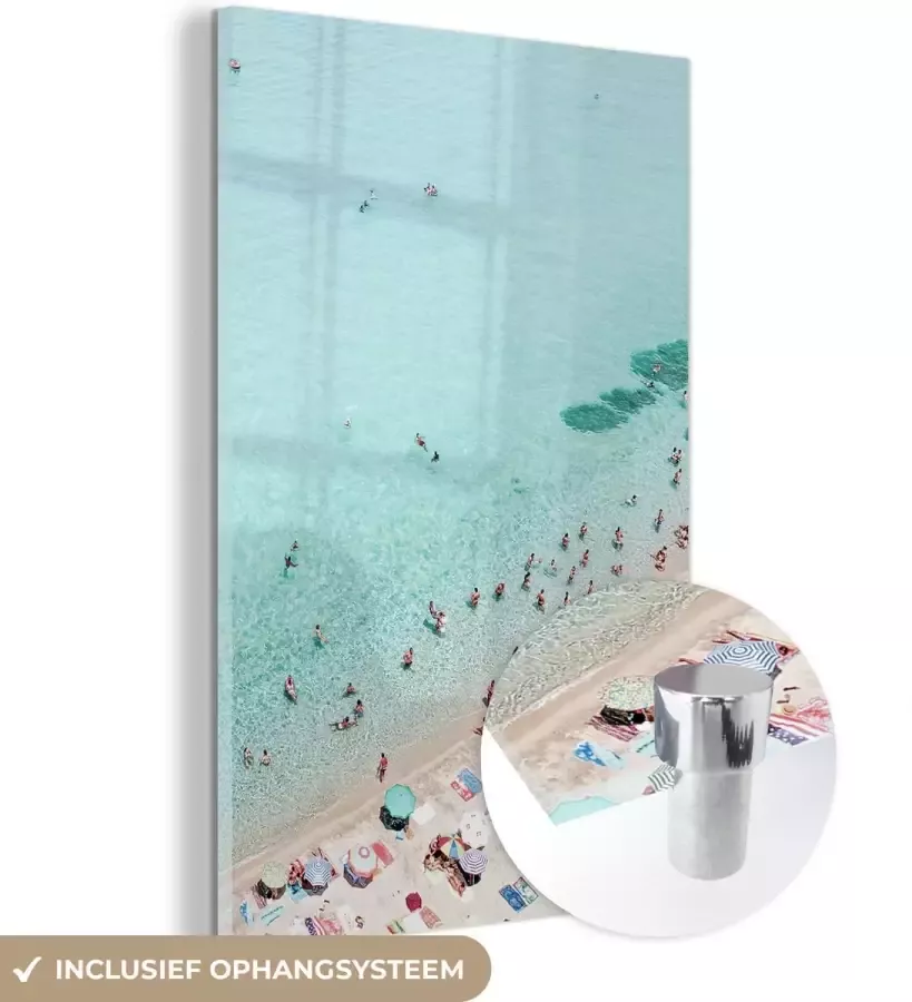 MuchoWow Glasschilderij 60x40 cm Schilderij acrylglas Zee Strand Parasols Blauw Zomer Foto op glas Schilderijen - Foto 2