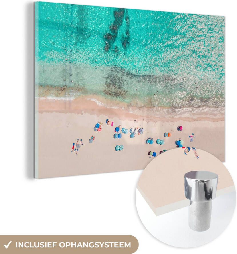 MuchoWow Glasschilderij 40x30 cm Schilderij glas Zee Strand Zomer Parasols Blauw Foto op acrylglas Schilderijen - Foto 2