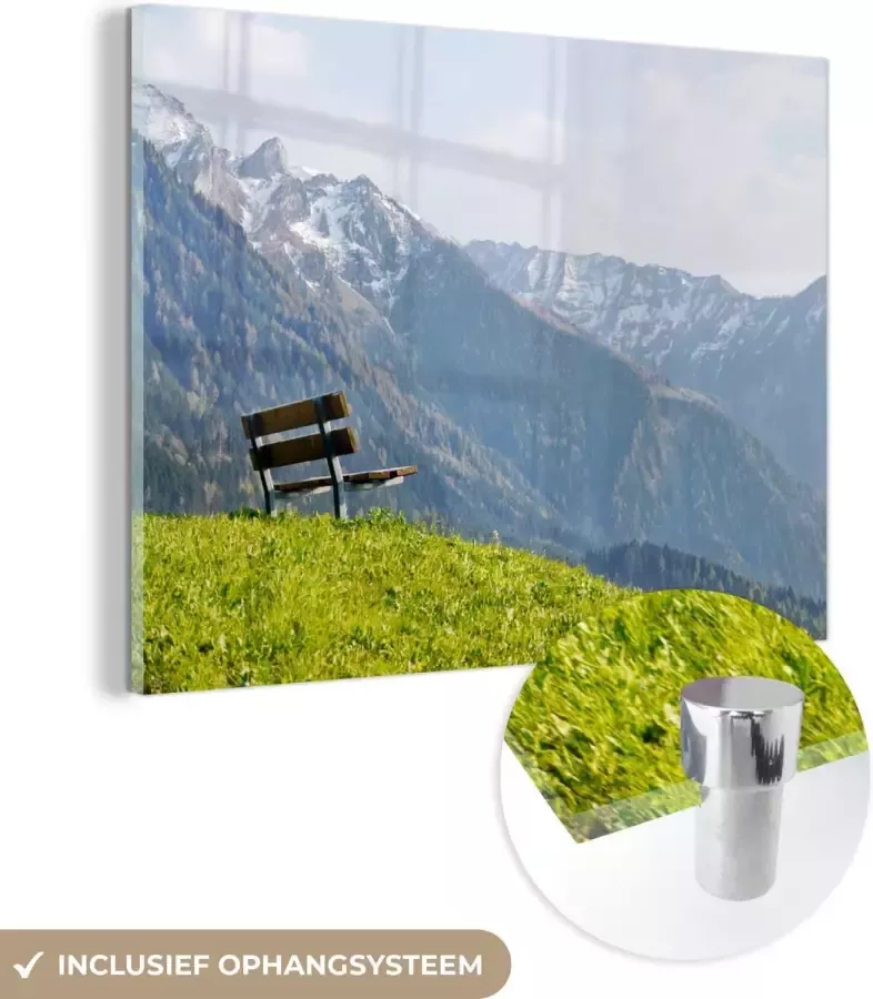 MuchoWow Glasschilderij Zitbank in de bergen van de Alpen Liechtenstein 160x120 cm Acrylglas Schilderijen Foto op Glas