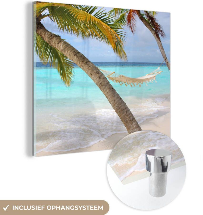 MuchoWow Glasschilderij 20x20 cm Schilderij acrylglas Zomer Palmboom Hangmat Foto op glas Schilderijen