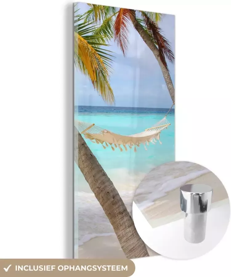 MuchoWow Glasschilderij 80x160 cm Schilderij acrylglas Zomer Palmboom Hangmat Foto op glas Schilderijen - Foto 2