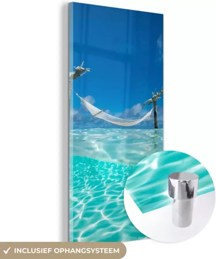 MuchoWow Glasschilderij 20x40 cm Schilderij acrylglas Zomer Zee Hangmat Foto op glas Schilderijen - Foto 2