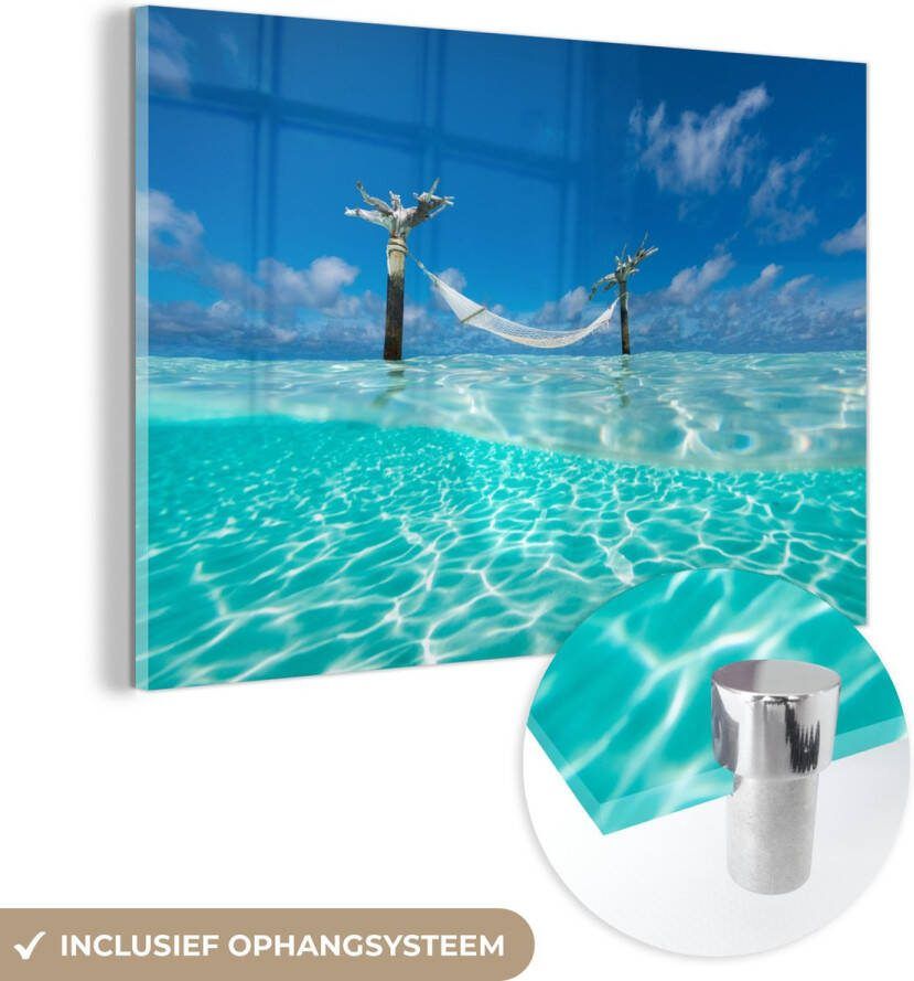 MuchoWow Glasschilderij 90x60 cm Schilderij acrylglas Zomer Zee Hangmat Foto op glas Schilderijen