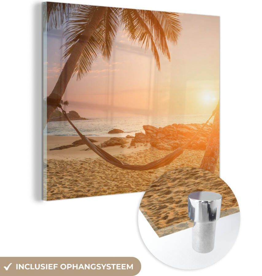 MuchoWow Glasschilderij 20x20 cm Schilderij acrylglas Zomer Zonsondergang Hangmat Foto op glas Schilderijen