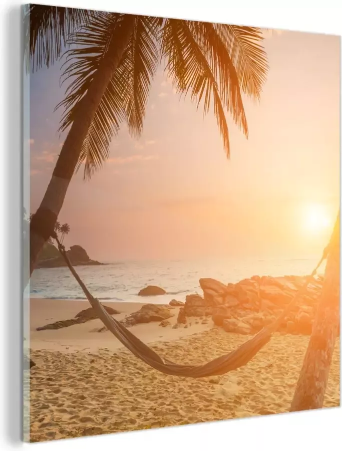 MuchoWow Glasschilderij 50x50 cm Schilderij glas Zomer Zonsondergang Hangmat Foto op acrylglas Schilderijen - Foto 2