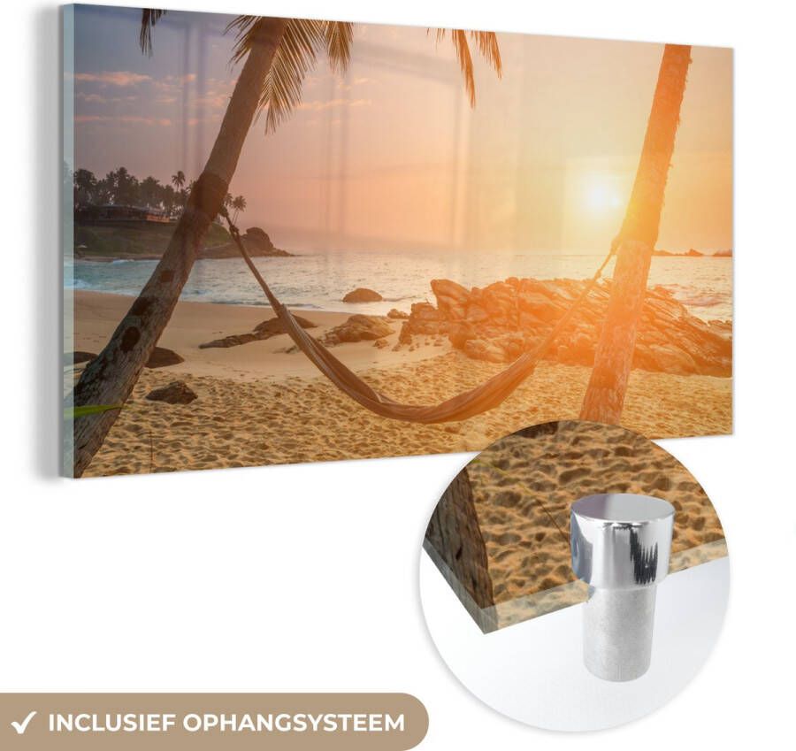 MuchoWow Glasschilderij 80x40 cm Schilderij acrylglas Zomer Zonsondergang Hangmat Foto op glas Schilderijen