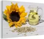 MuchoWow Glasschilderij 60x40 cm Schilderij acrylglas Zonnebloempitten met zonnebloemolie in een klein glas en zonnebloem op witte tafel zwart wit Foto op glas Schilderijen - Thumbnail 3