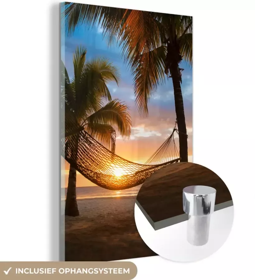 MuchoWow Glasschilderij 40x60 cm Schilderij acrylglas Zonsondergang Hangmat Palmboom Foto op glas Schilderijen