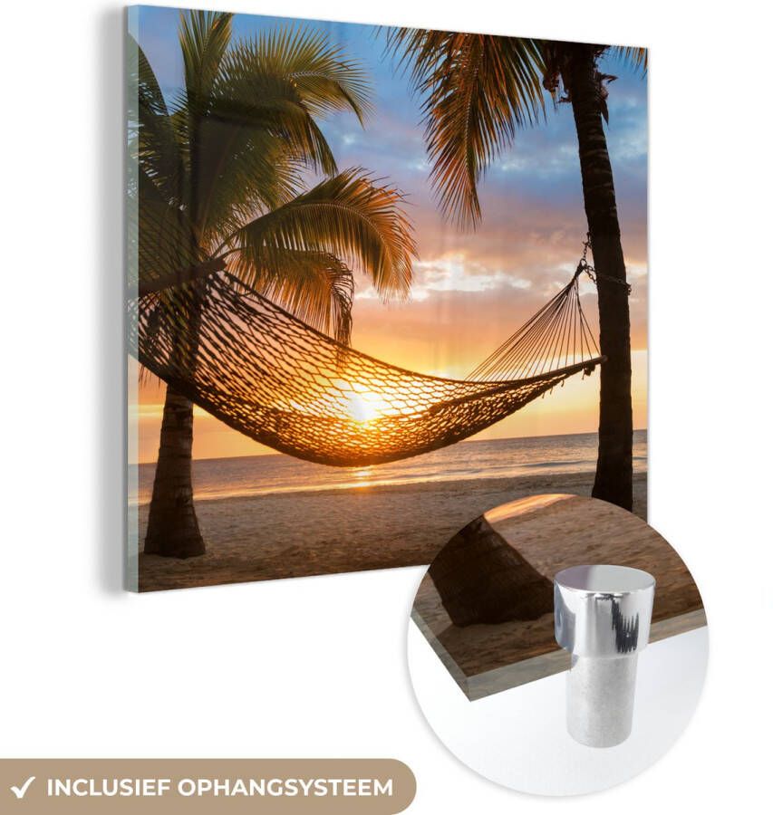 MuchoWow Glasschilderij 50x50 cm Schilderij acrylglas Zonsondergang Hangmat Palmboom Foto op glas Schilderijen