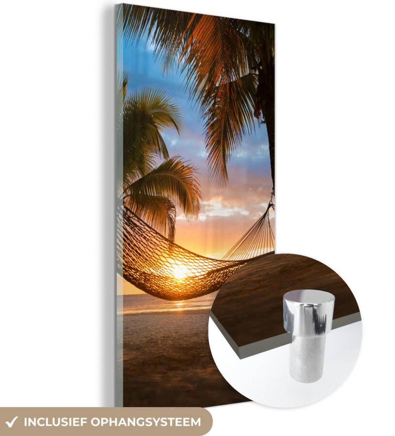 MuchoWow Glasschilderij 60x120 cm Schilderij acrylglas Zonsondergang Hangmat Palmboom Foto op glas Schilderijen