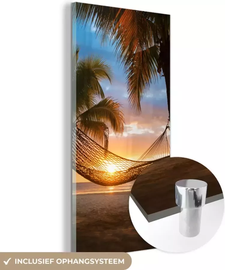 MuchoWow Glasschilderij 60x120 cm Schilderij glas Zonsondergang Hangmat Palmboom Foto op acrylglas Schilderijen - Foto 2