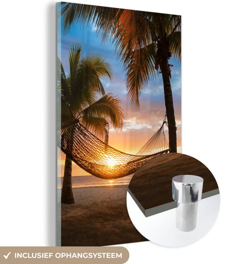 MuchoWow Glasschilderij 60x90 cm Schilderij glas Zonsondergang Hangmat Palmboom Foto op acrylglas Schilderijen