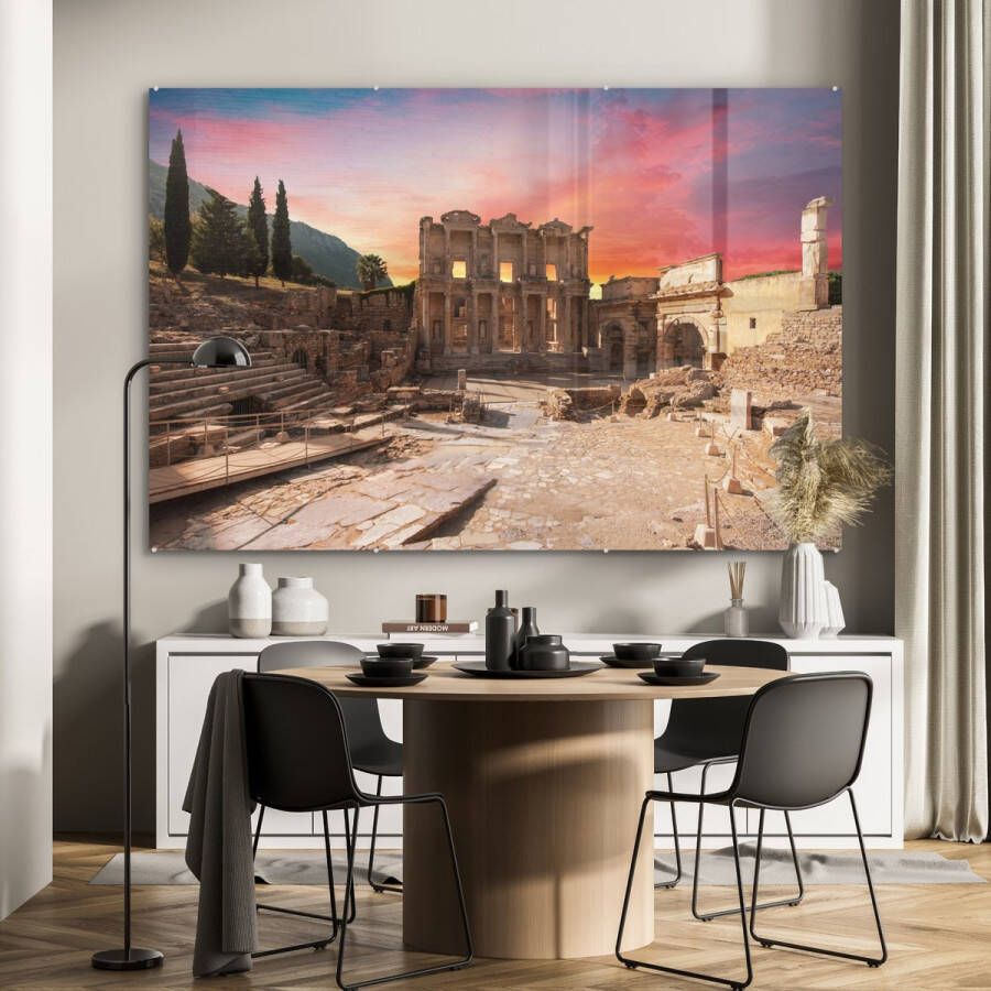 MuchoWow Glasschilderij 150x100 cm Schilderij acrylglas Zonsopkomst achter de bibliotheek van Celsus in Turkije Foto op glas Schilderijen - Foto 2