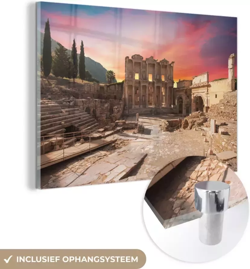 MuchoWow Glasschilderij 60x40 cm Schilderij acrylglas Zonsopkomst achter de bibliotheek van Celsus in Turkije Foto op glas Schilderijen