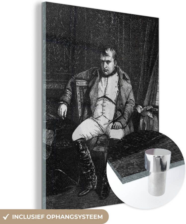 MuchoWow Glasschilderij 30x40 cm Schilderij acrylglas Zwart-wit illustratie van Napoleon Bonaparte op een stoel Foto op glas Schilderijen - Foto 2
