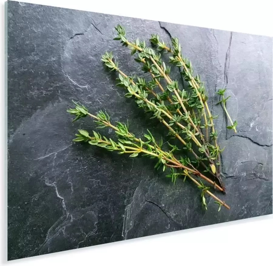 MuchoWow Glasschilderij 80x60 cm Schilderij acrylglas Groene tijm op een waanzinnige stenen tafel Foto op glas Schilderijen - Foto 2