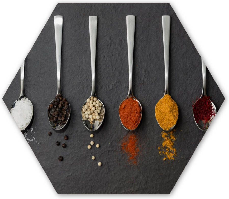 MuchoWow Hexagon wanddecoratie Kunststof Wanddecoratie Hexagon Schilderij Specerijen Lepels Tafel Rustiek Kruiden 120x103 cm