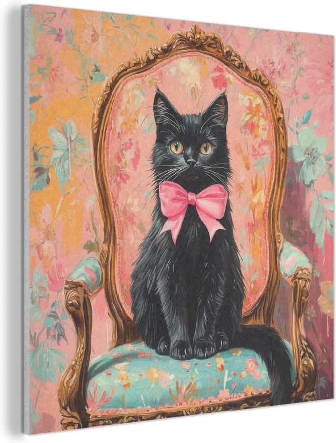 MuchoWow Akoestisch wandpaneel 50x50 cm Vilt schilderij Kat Roze Stoel met bloemenmotief Akoestische panelen Geluidsdempende wanddecoratie Geluidsisolatie woonkamer Muurdecoratie geluidspanelen