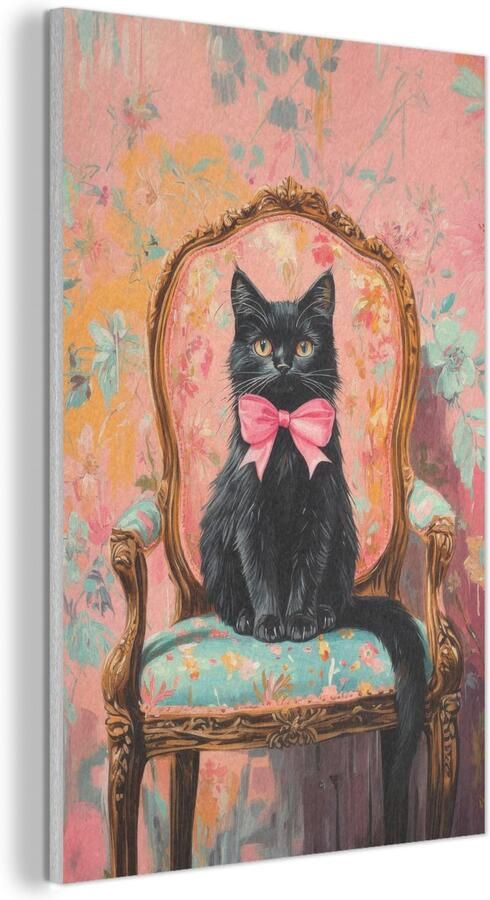 MuchoWow Akoestisch wandpaneel 60x90 cm Vilt schilderij Kat Roze Stoel met bloemenmotief Akoestische panelen Geluidsdempende wanddecoratie Geluidsisolatie woonkamer Muurdecoratie geluidspanelen