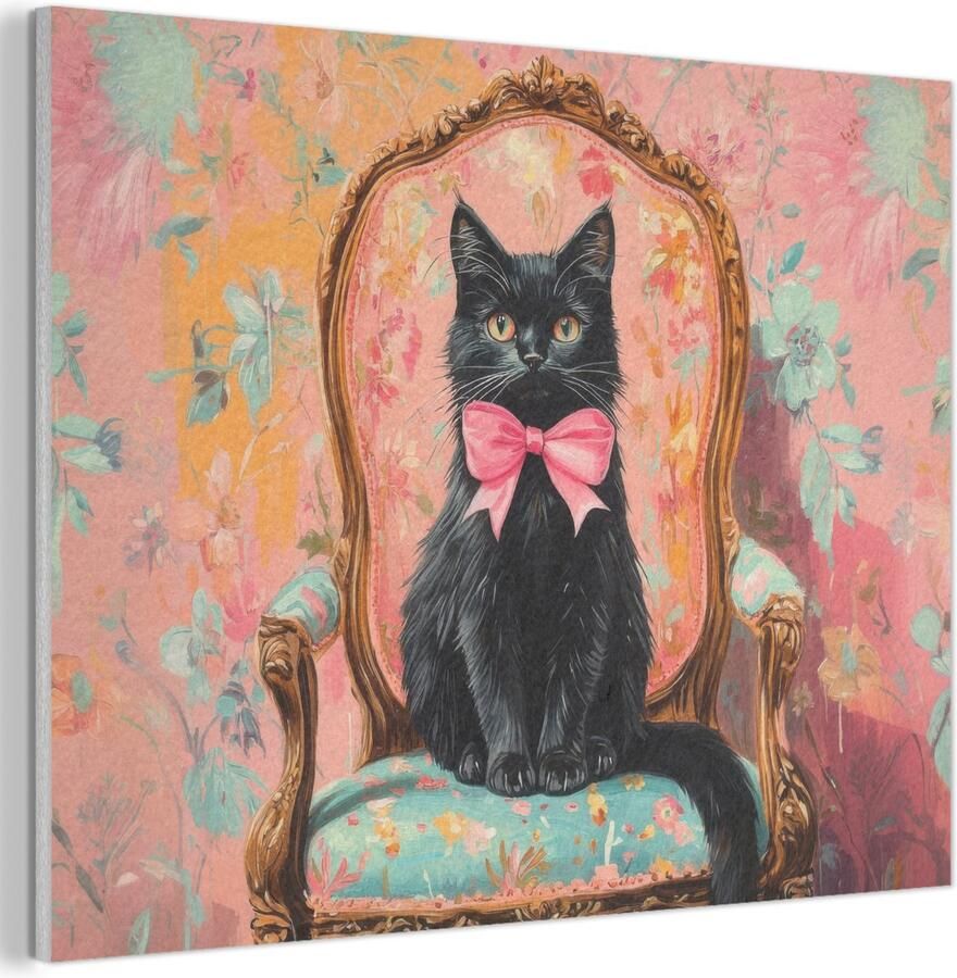 MuchoWow Akoestisch wandpaneel 40x30 cm Vilt schilderij Kat Roze Stoel met bloemenmotief Akoestische panelen Geluidsdempende wanddecoratie Geluidsisolatie woonkamer Muurdecoratie geluidspanelen