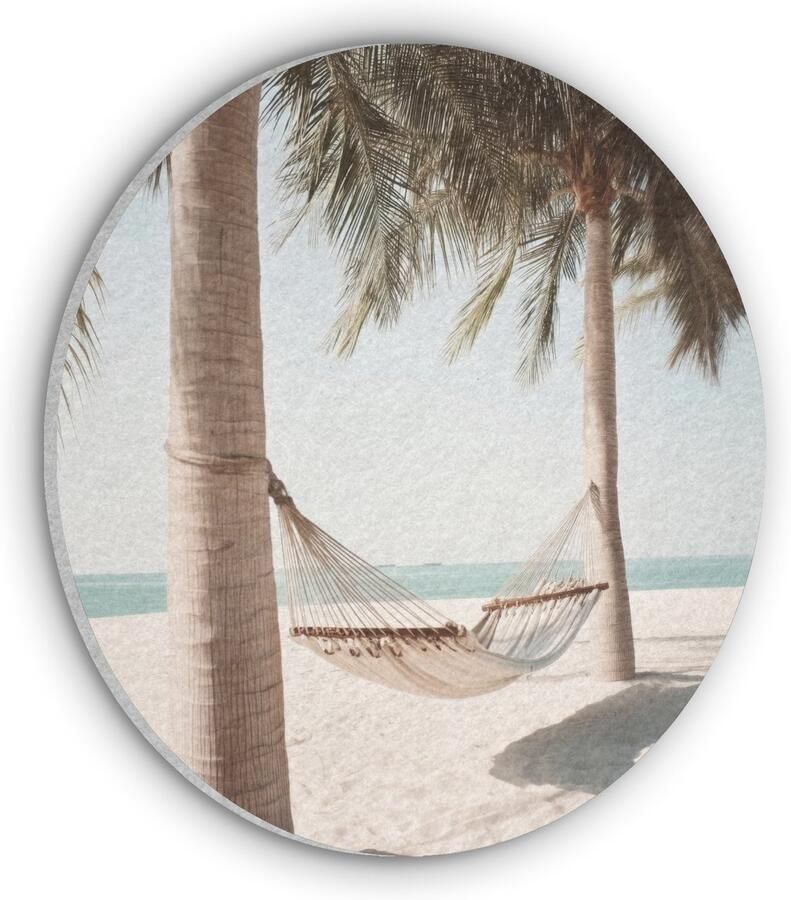 MuchoWow Akoestisch wandpaneel rond 90x90 cm Vilt schilderij Hangmat Palmbomen Strand Zee Ronde akoestische panelen Geluidsdempende wanddecoratie Geluidsisolatie wandcirkel Muurdecoratie geluidspanelen